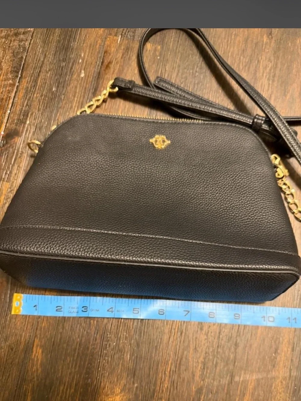 Black Pebbled Leather Crossbody Bag with Gold Accent